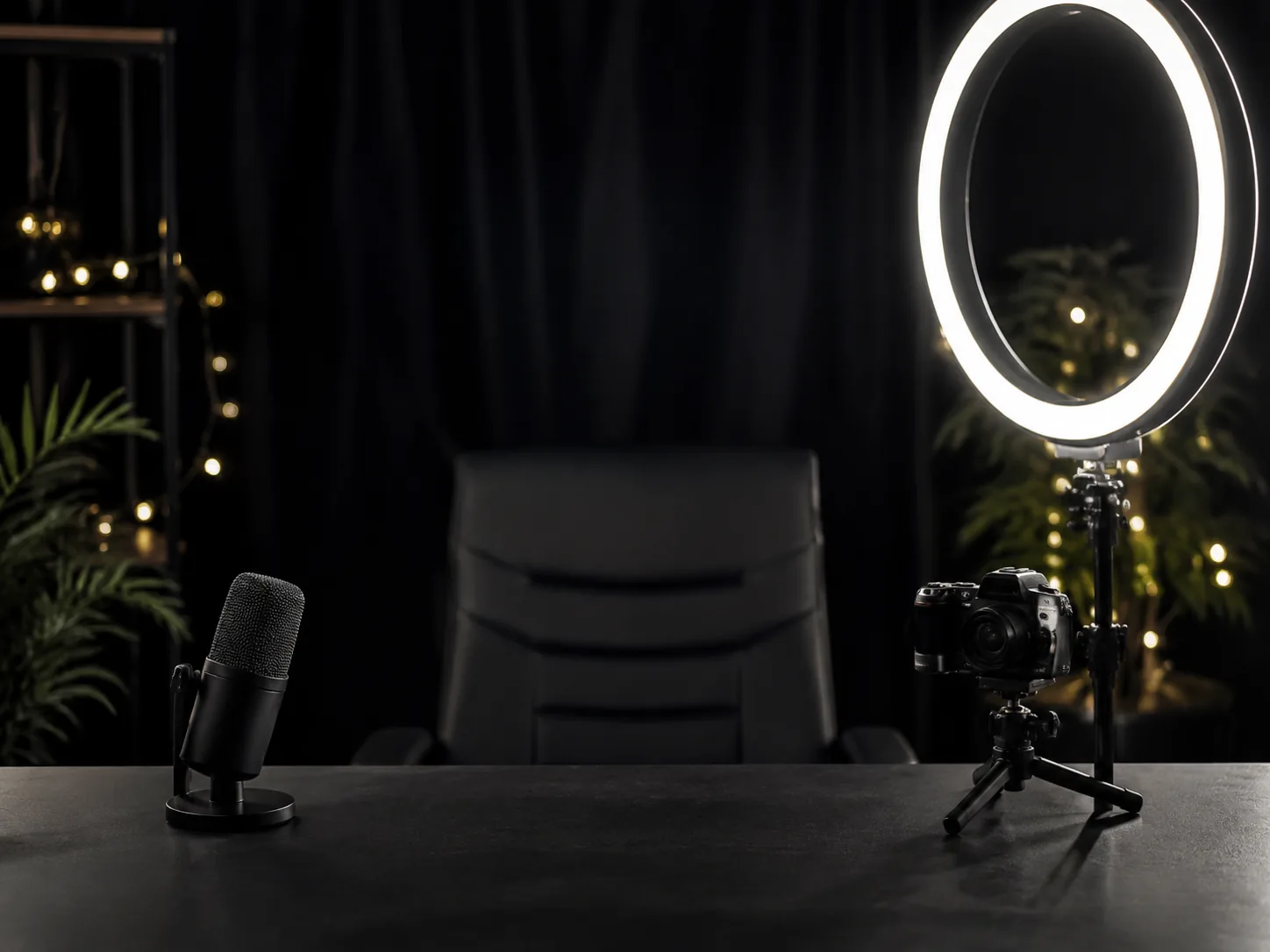 Live streaming setup with a ring light glow in front of a pure black backdrop